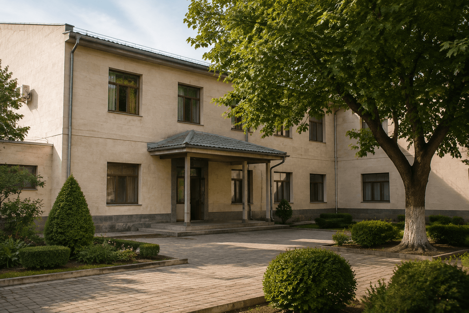 Kam qavatli ma’muriy bino oldidagi ko‘kalamzor hovlining tasviriy namunasi